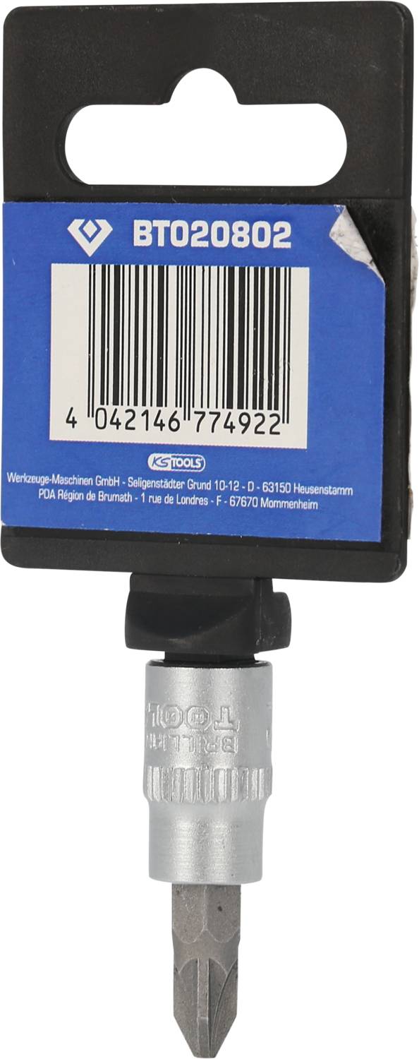 Bit-Einsatz auf blauem Etikett mit Barcode. Markenname und Produktcode 'BT020802' erkennbar. Produkt zur Anwendung in Bohrmaschinen.