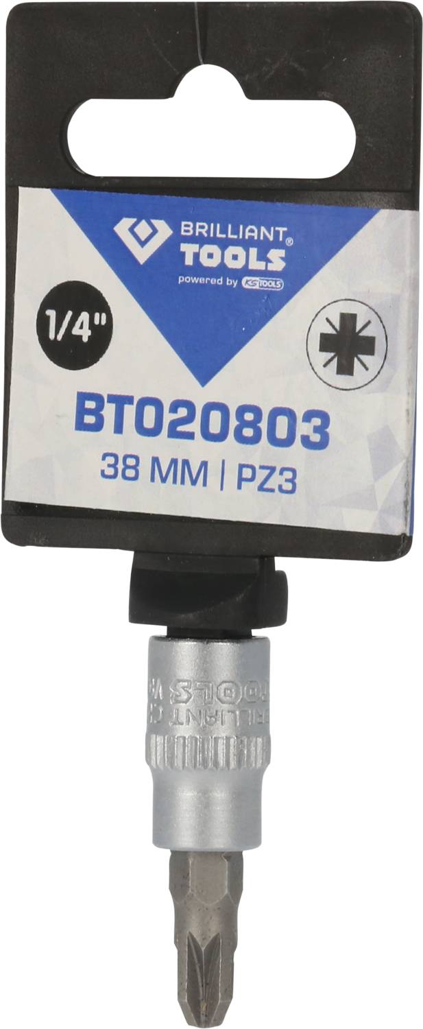 'Brilliant Tools' 1/4 Zoll Bit, BT020803, 38 mm, PZ3 Typ, Verpackung mit silbernem Bit darunter.