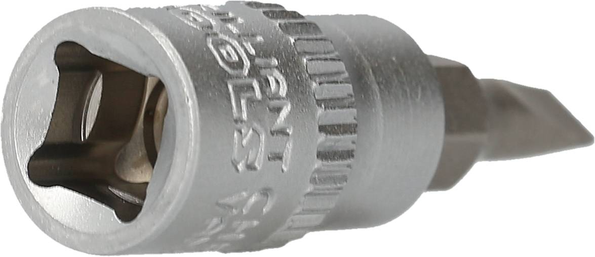 Das Bild zeigt einen silbernen Schraubendreherbit mit einem Sechskantansatz und einem gerändelten Schaft.