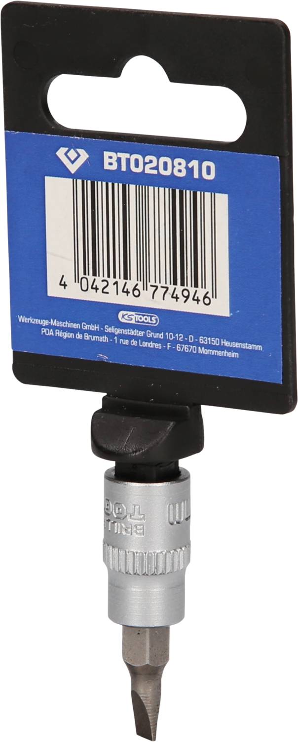 Schraubendreher-Bit mit blauem Etikett oben, auf dem ein Barcode und die Nummer 'BT020810' abgebildet sind.