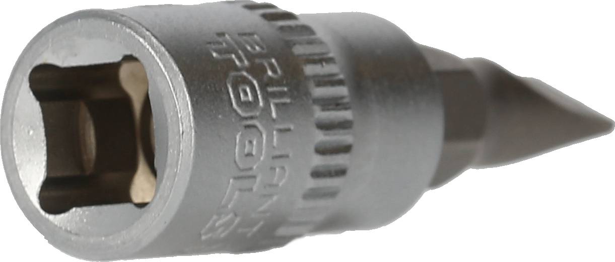 Ein silberner Schraubendrehereinsatz mit einem sechseckigen Ende und der Aufschrift 'BRILLIANT TOOLS'.