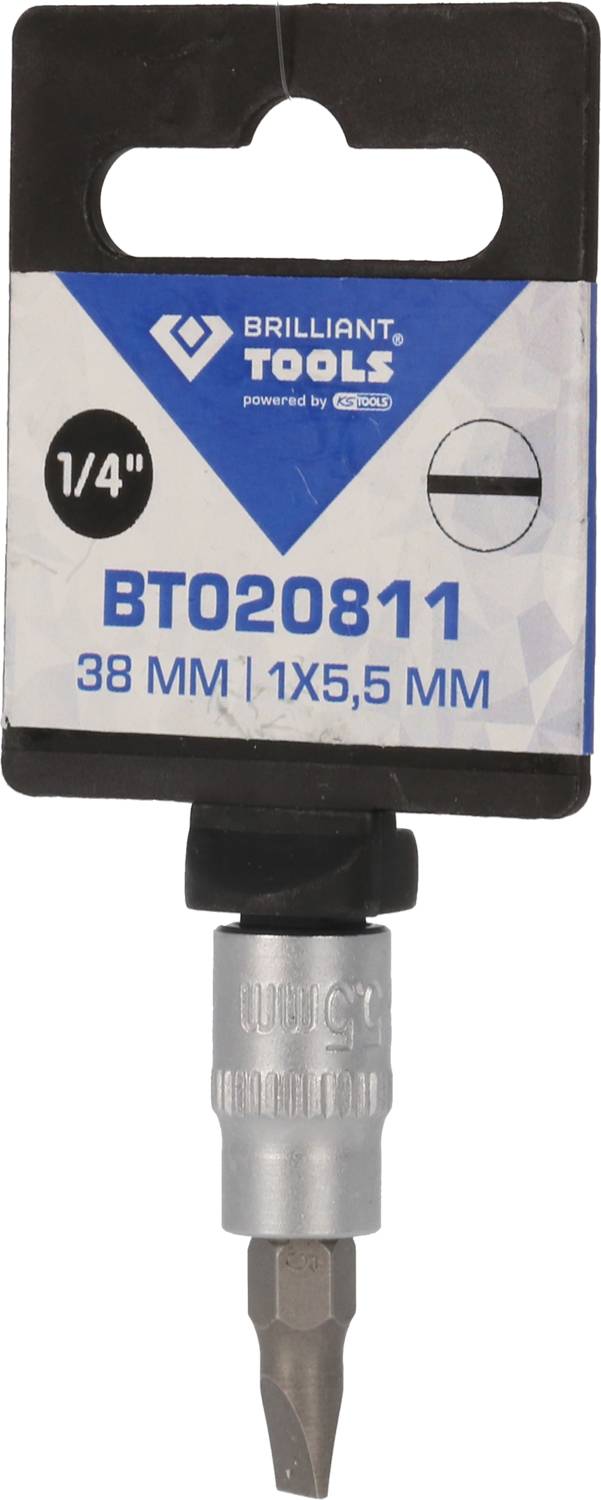 Steckschlüssel-Bit von Brilliant Tools, Größe 1/4 Zoll, Länge 38 mm, Antriebsgröße 1x5,5 mm. Verpackt im Originaldesign.