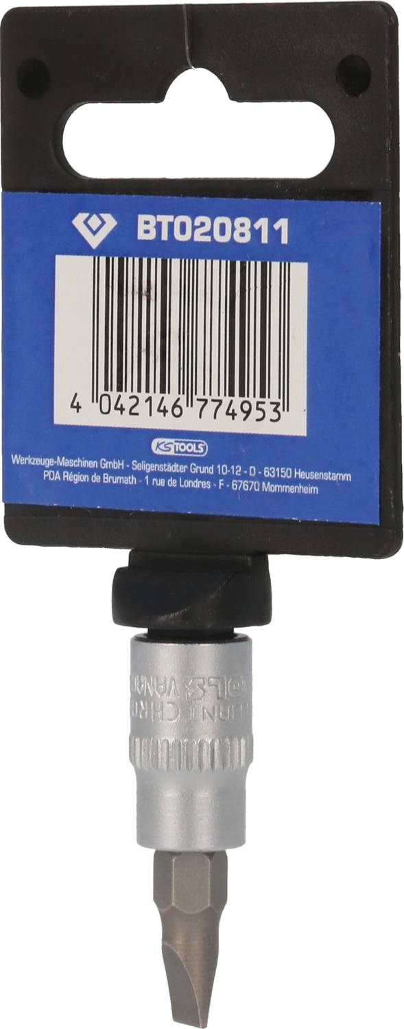 Schraubendreher-Bit mit Halterung, Etikett zeigt Barcode '4042146774953' und Produktnummer 'BT020811'.