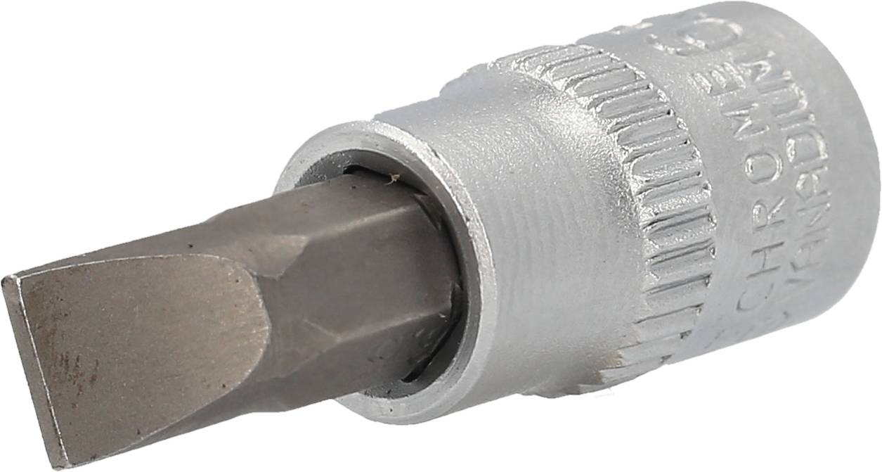 Ein Schraubendreher-Bit mit flacher Spitze aus silberfarbenem Metall, geeignet für Schraubarbeiten.