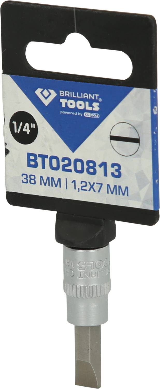 Auf dem Bild ist ein Schraubendrehereinsatz der Marke 'Brilliant Tools' zu sehen. Die Größe beträgt 1/4 Zoll, 38 mm, 1,2x7 mm.