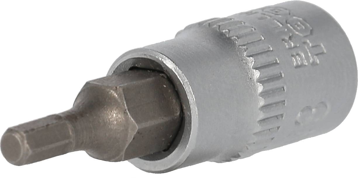 Bitschlüssel-Einsatz aus Metall, wahrscheinlich für Torx-Schrauben. Kompaktes Werkzeug mit geriffeltem Griff für besseren Halt.