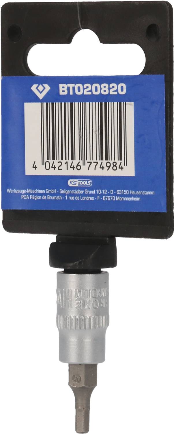 Bitschlüssel in Verpackung mit Aufhängung, blauer Hintergrund mit Barcode und Produktinformationen oben.