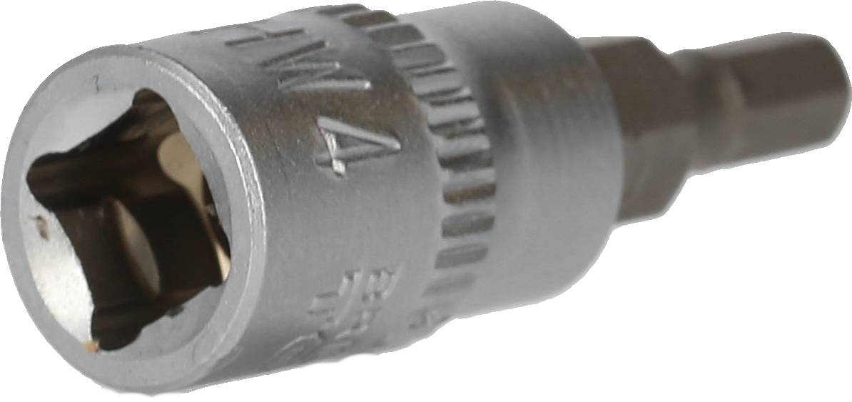 Bitschlüssel, silberfarben, sechseckige Öffnung, seitlich gezeigt. Verwendet für Schraubarbeiten, handliches Werkzeug für Mechaniker.