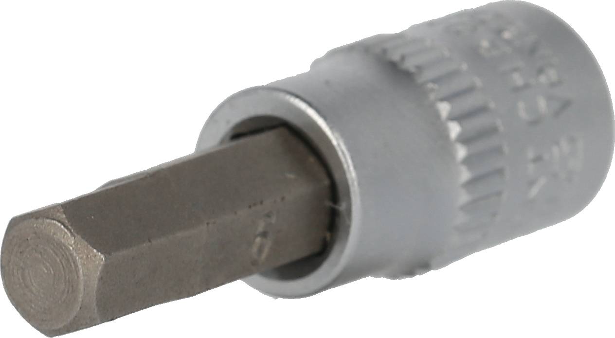 Sechskant-Bit aus Metall, verwendet in Schraubendrehern oder Bohrmaschinen. Silberne Hülse, mattgrauer Einsatz.