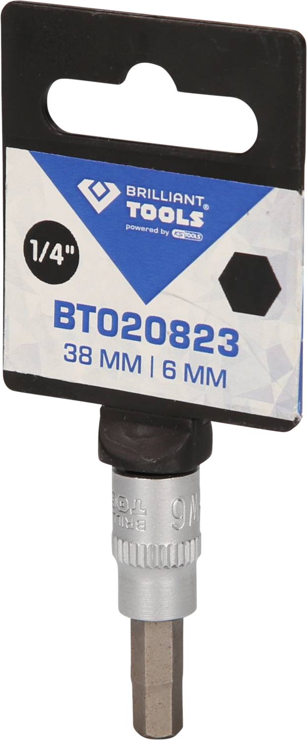 Werkzeug, Brilliant Tools Sechskant-Bit mit 1/4 Zoll, BT020823, 38 mm Länge und 6 mm Größe, in Verpackung mit Aufhängeloch gezeigt.