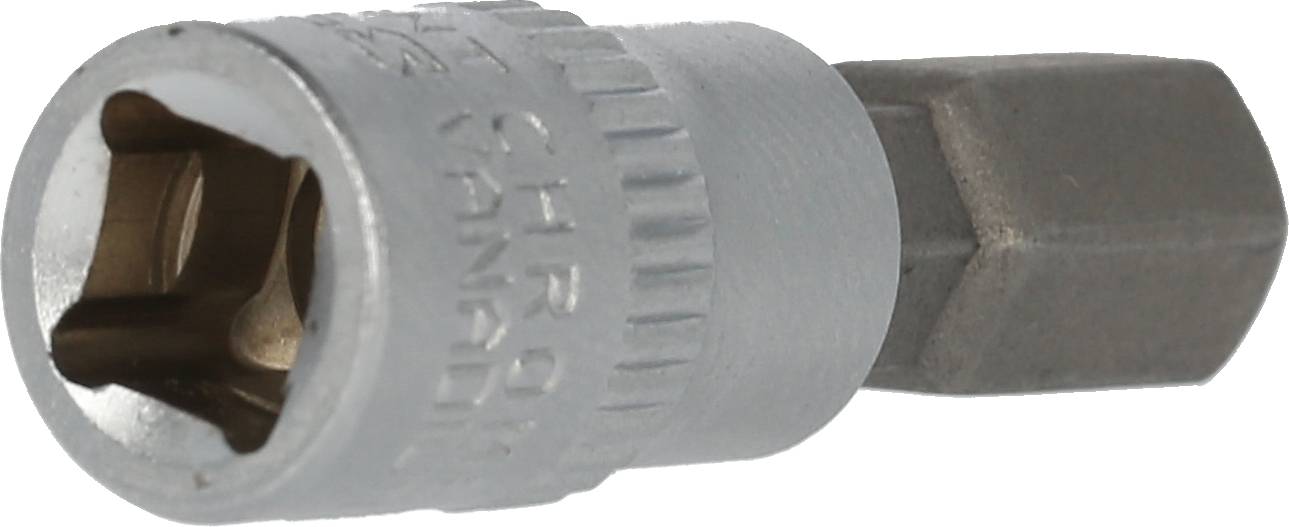 Ein silberner Sechskant-Bit von oben betrachtet, mit einem grauen, geriffelten Griff für besseren Halt.