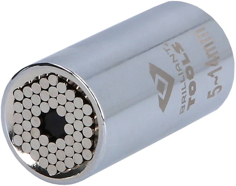 Steckschlüsselaufsatz mit silberner, zylindrischer Form, beschriftet mit 'BRILLIANT TOOLS 5-14mm'. Designed für verschiedene Schraubenkopfgrößen.