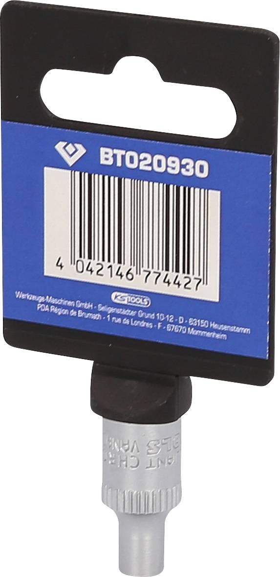 Kappe mit Strichcode und Aufschrift 'BT020930' ist auf einem silbernen Sechskant-Bit angebracht, wahrscheinlich für Werkzeuge gedacht.