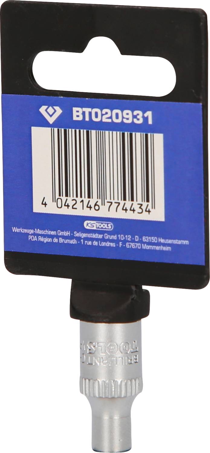 'BT020931' Schraubendreher-Bit mit Barcode-Etikett. Enthält Werkzeugname, Teilenummer und Herstellerinformationen.