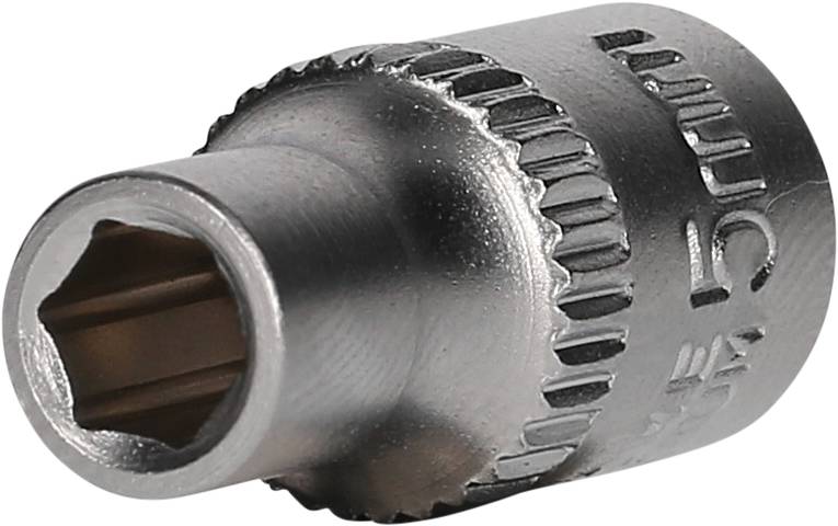 Metallische Steckschlüssel-Nuss mit sechskantigem Innenprofil, meist für mechanische Anwendungen oder Fahrzeugwartung verwendet.