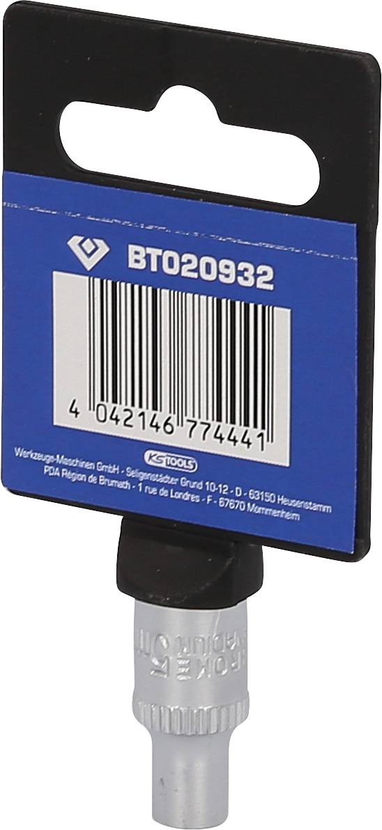 Ein silbernes Werkzeug mit einer blauen Verpackung, die einen Barcode '4024164774441' und die Produktnummer 'BT020932' zeigt.