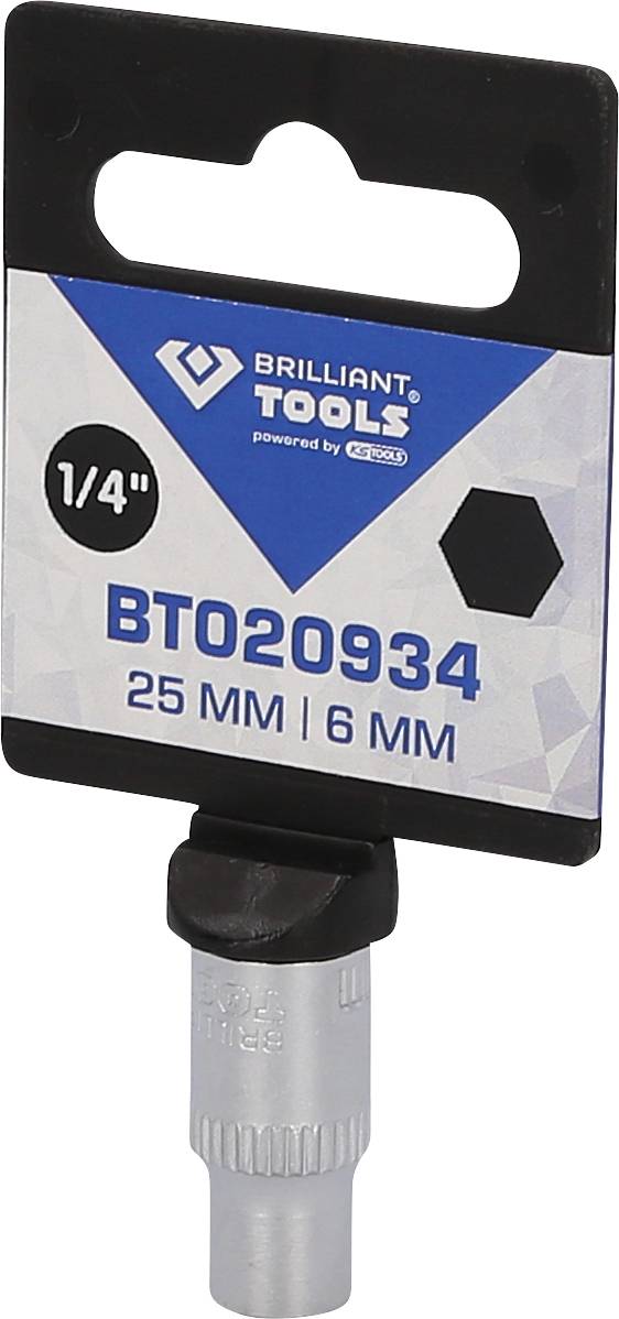Sechskant-Bit mit schwarzem Halter und Etikett 'BRILLIANT TOOLS, BT020934, 25 MM, 6 MM'.