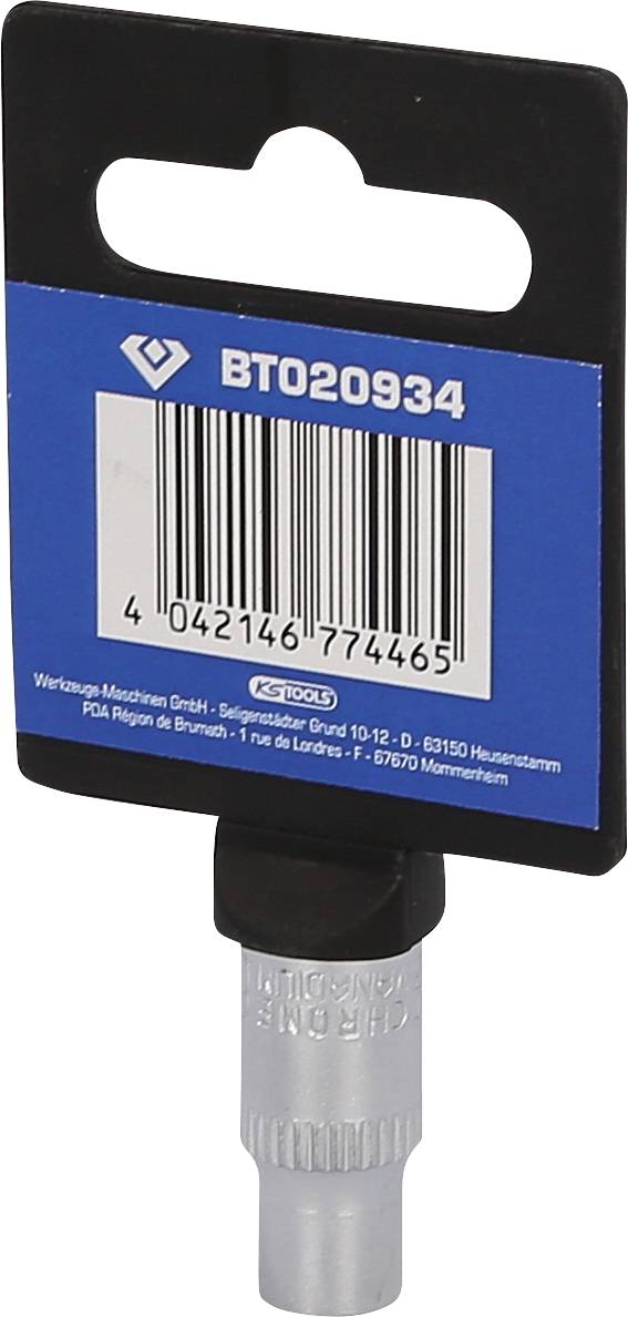 Ein silbernes Werkzeugaufsatz mit geriffeltem Griff, auf blauem Träger mit Barcode und Artikelnummer BT020934, in Verpackung.