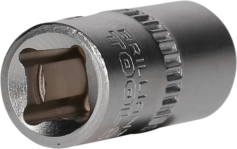 Eine silberne Stecknuss mit quadratischer Öffnung und geriffeltem Rand. Verwendet für Schrauben und Muttern mit einem Ratschen- oder Steckschlüssel.