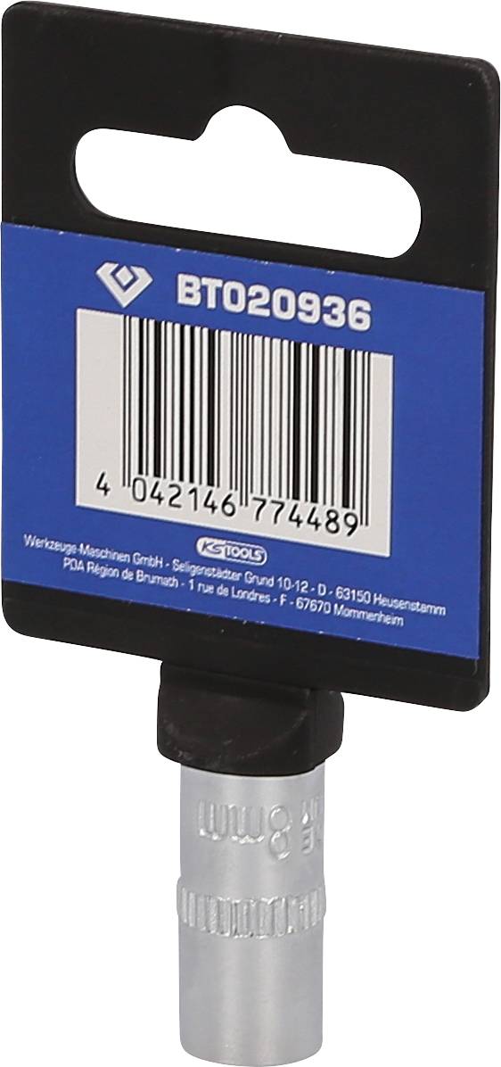 Verpackungsetikett mit Barcode '4 042146 774489', Produktnummer 'BT020936' und Herstellerinformationen. Enthält silbernen Aufsatz.