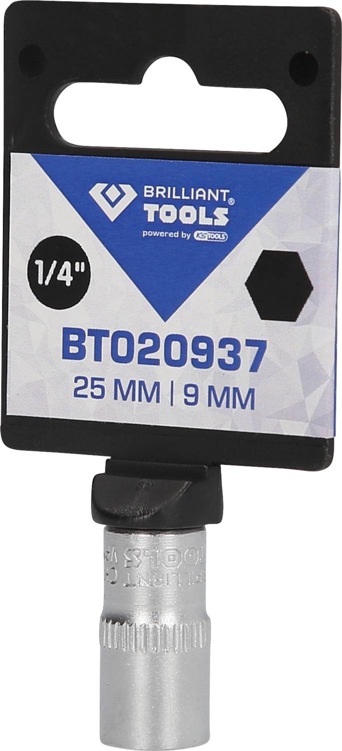'Brilliant Tools BT020937' Steckschlüsseladapter mit 25 mm Schlüsselweite und 9 mm Vierkantaufnahme.