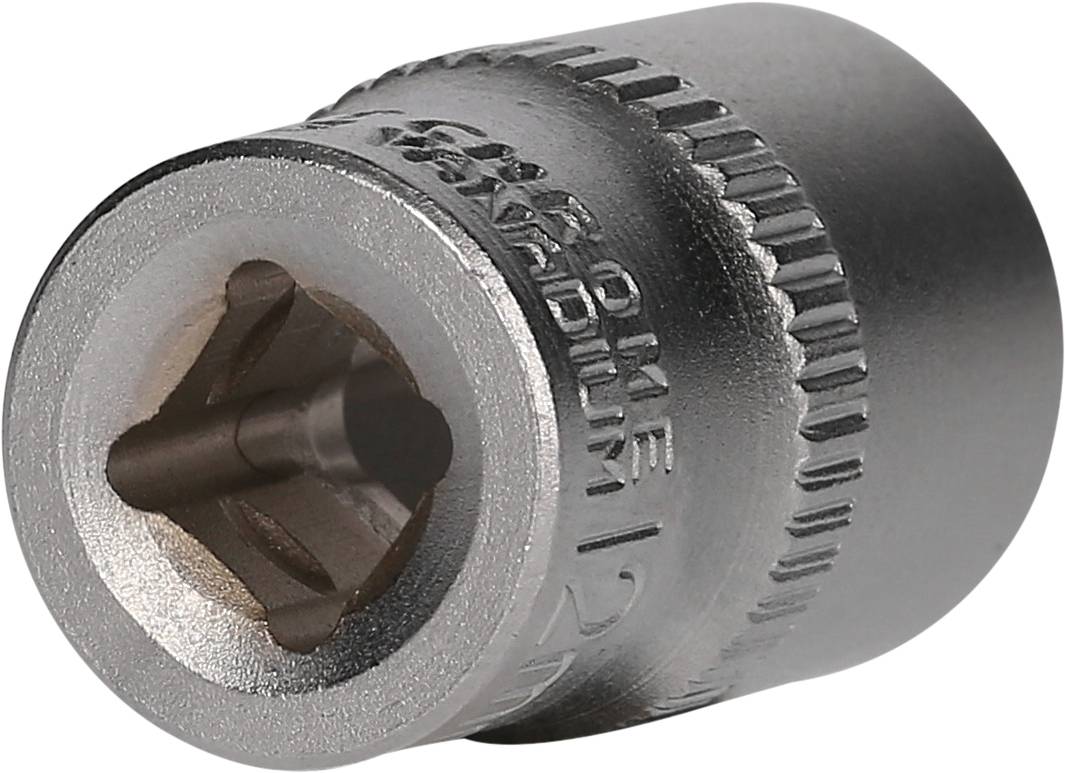 Metallische Stecknuss mit CDX-Prägung, horizontal liegend und zeigt die quadratische Öffnung; für mechanische Anwendungen geeignet.