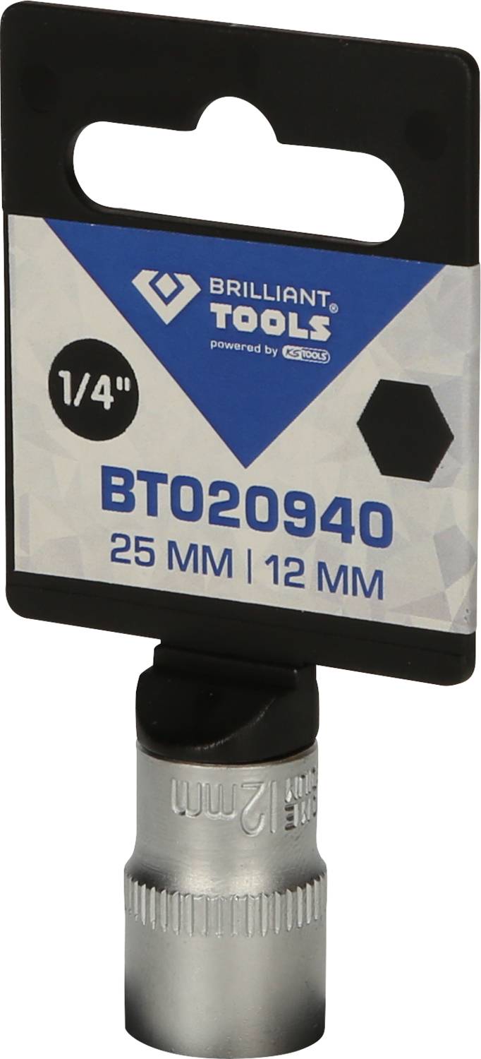 'Brilliant Tools' Steckschlüsseleinsatz für 1/4'' Antrieb, Größen 25 mm und 12 mm, verpackt auf einer Halterung mit Logo und Produktnummer.