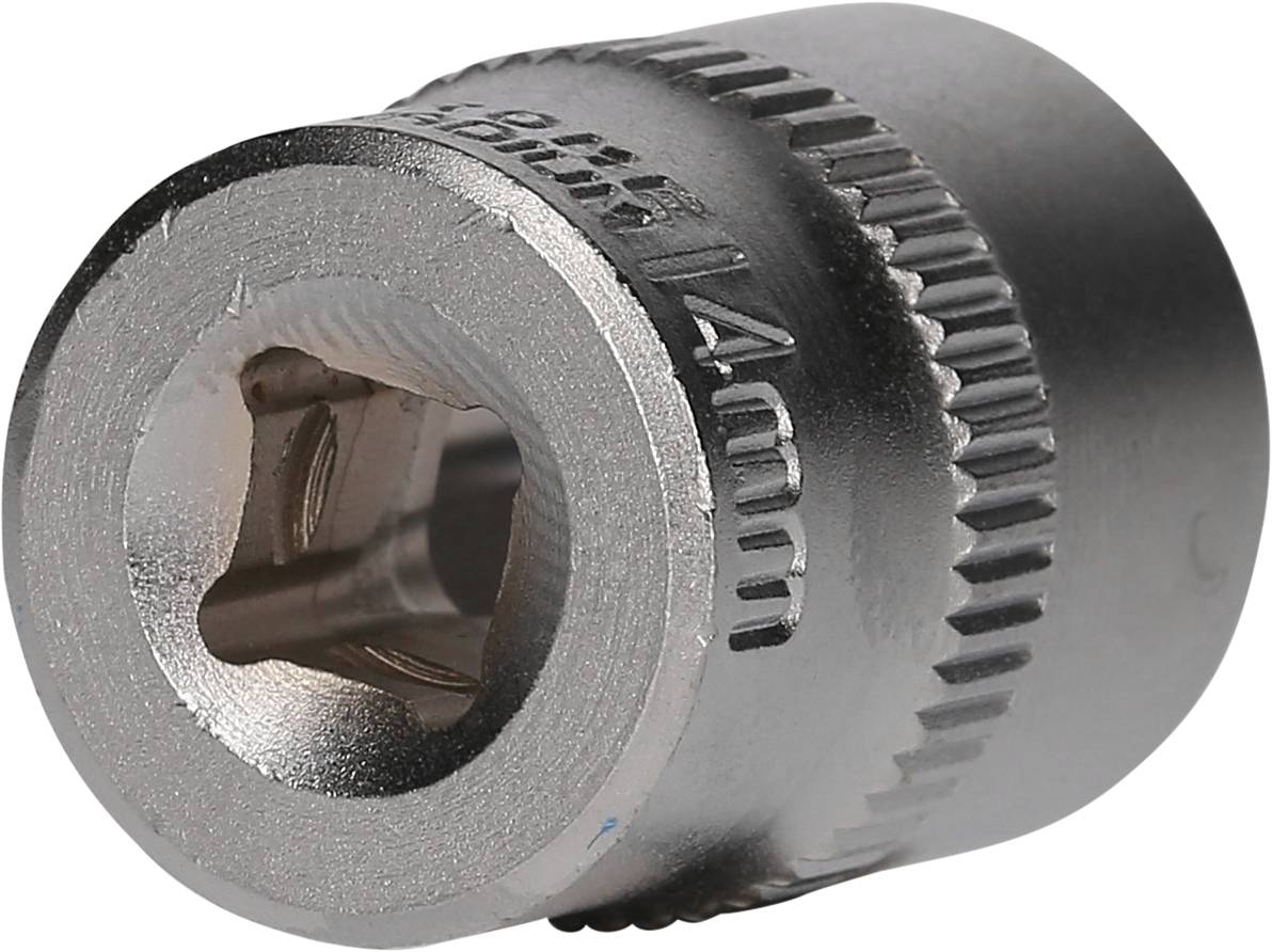 Metall-Steckschlüssel-Aufsatz, sechskant, mit gerändeltem Rand, seitlich mit der Aufschrift '14mm', für Werkzeuge zur Schraubmontage.