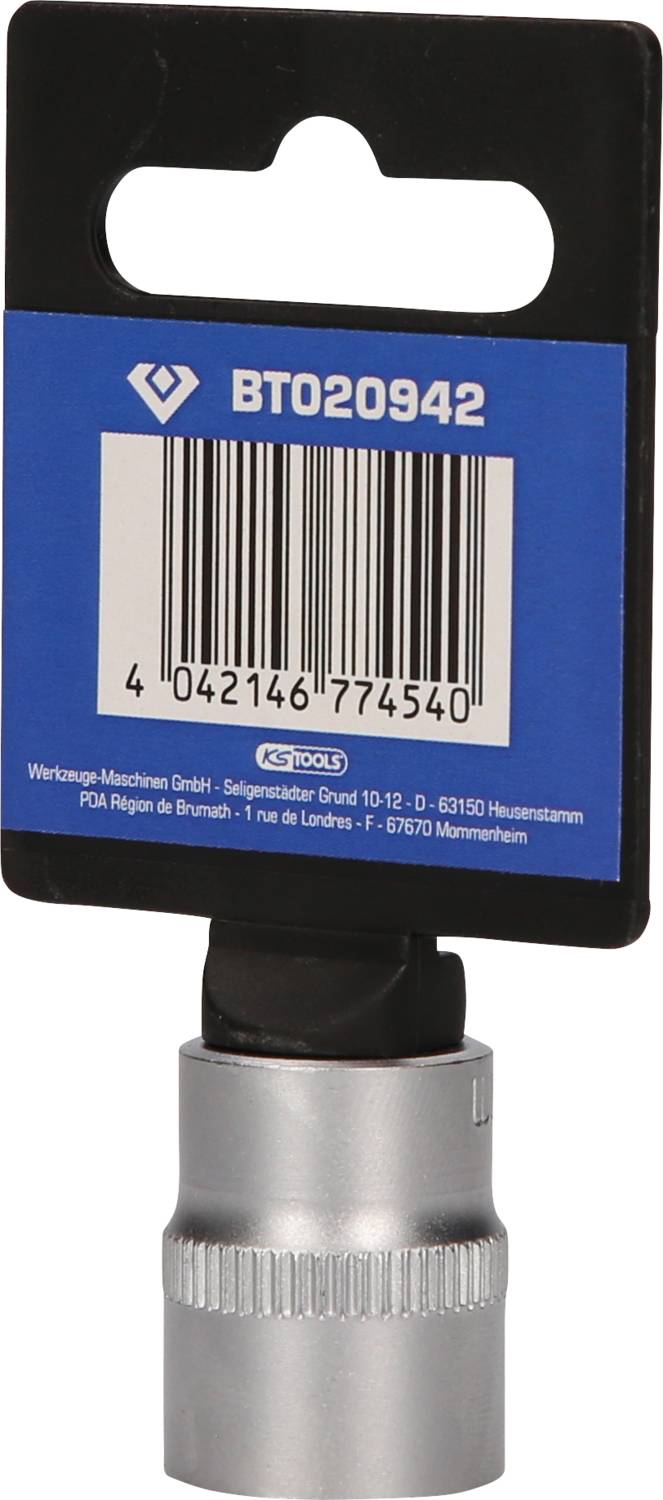 Metallstecknuss mit Produktcode 'BT020942' am Etikett, Strichcode darunter. Anbieter- und Adressinformationen auf der Verpackung.