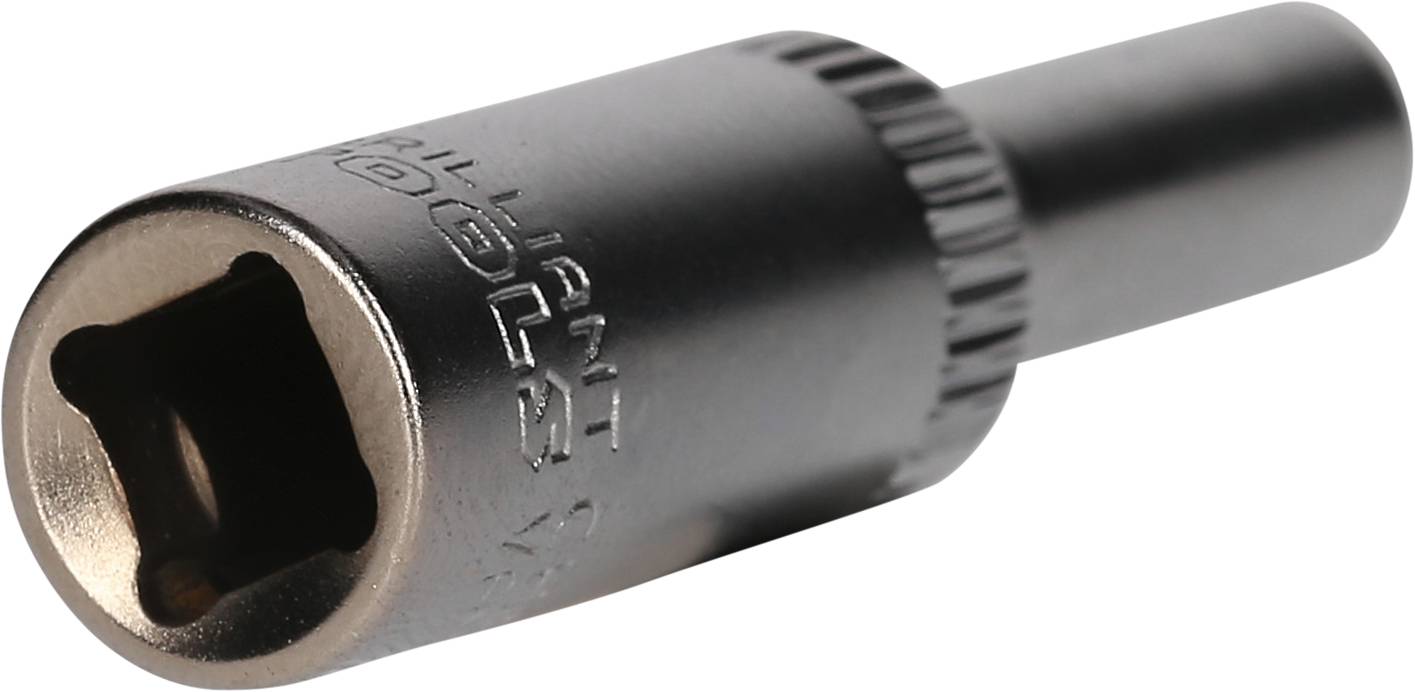 Silberne 10-mm-Stecknuss von Brilliant Tools, mit quadratischer Öffnung und runder Verlängerung zum Anbringen auf einem Werkzeug.