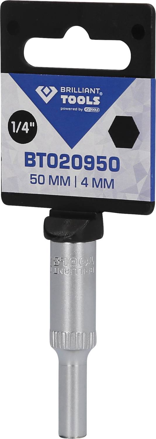 'Brilliant Tools' Verpackung mit 1/4 Zoll Bit, 50 mm Länge, 4 mm Durchmesser.