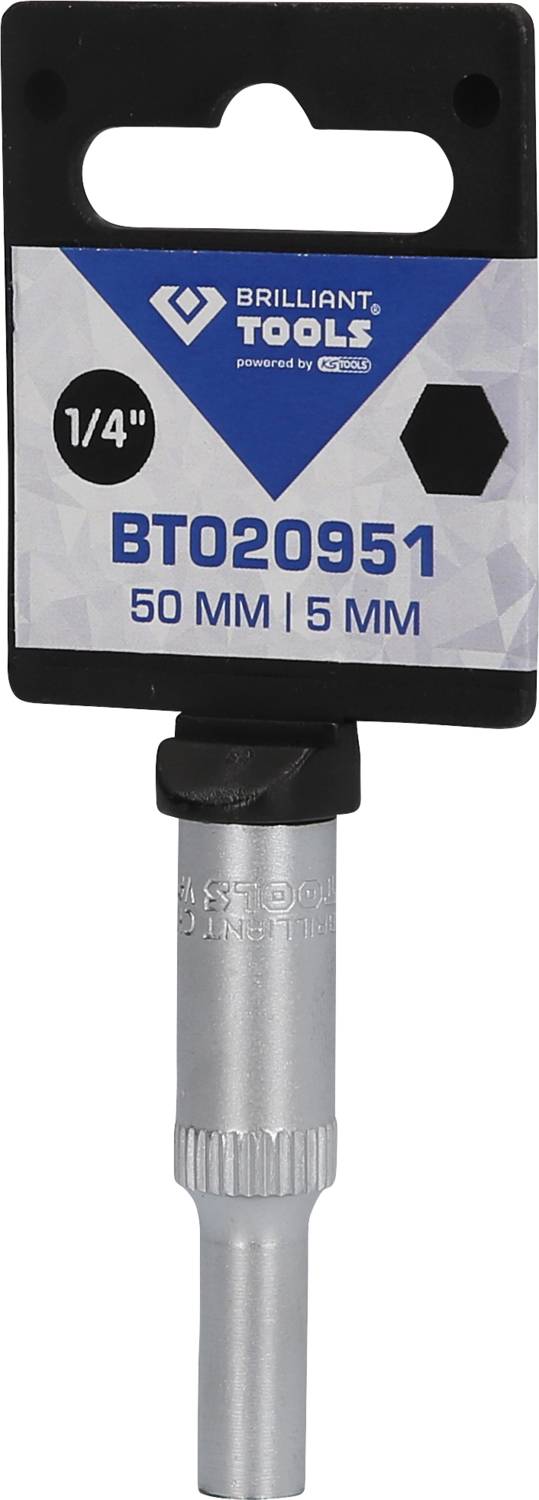 'Brilliant Tools' Bit-Einsatz, Modell BT020951, Größe: 50 mm Länge, 5 mm Sechskant, an Metallhalterung mit Etikett.