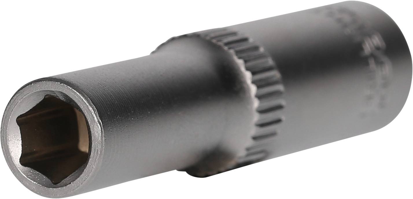 Sechsfach-Steckschlüsselaufsatz aus Metall, seitlich. Hauptsächlich bei mechanischen Arbeiten zur Schraubenbefestigung verwendet.