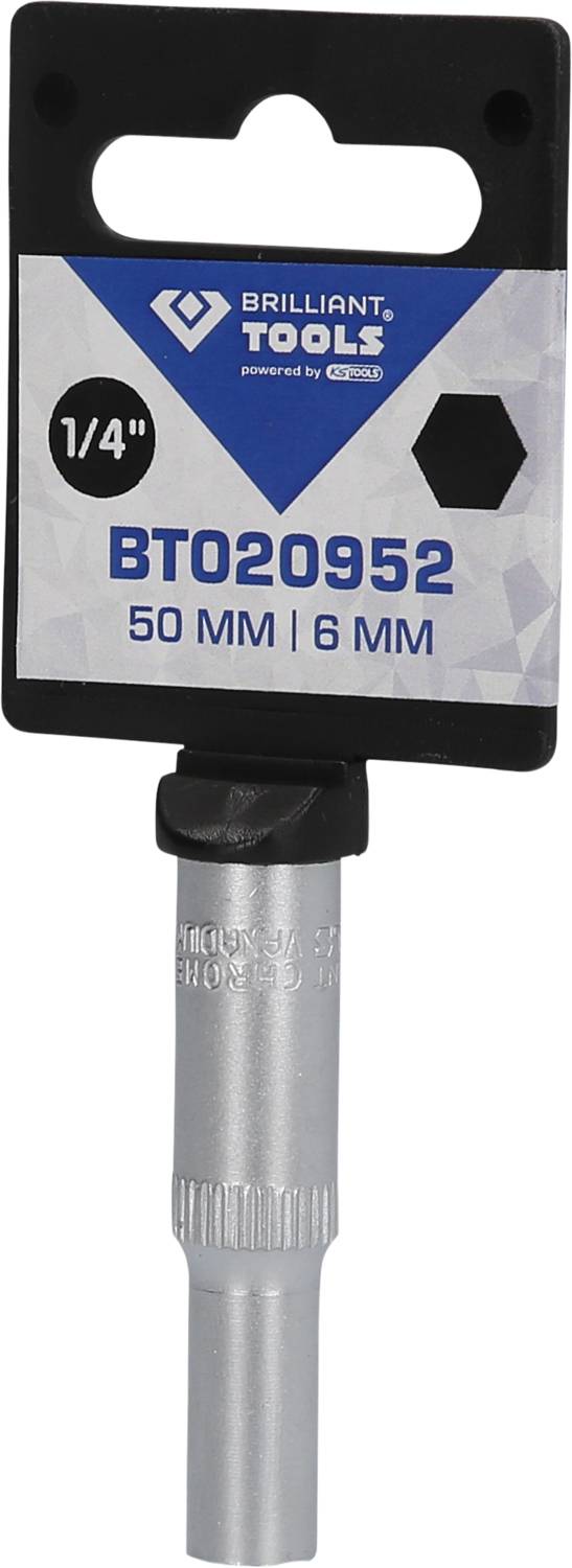 'Brilliant Tools' Stecknuss mit der Bezeichnung 'BT020952', 1/4 Zoll, Länge 50 mm, sechskant 6 mm. Werkzeug zur Befestigung.