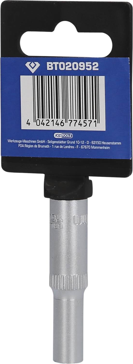 Metallbohrer in grauer Halterung mit blauem Etikett, Barcode '4042146774571', Produktnummer 'BT020952', Markenname.