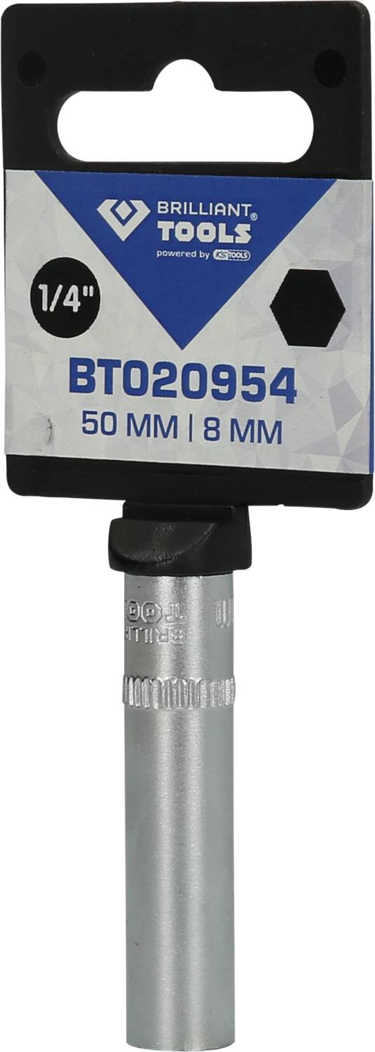 'Brilliant Tools' Steckschlüssel-Einsatz mit der Kennzeichnung 'BT020954', Größe 1/4'', 50 mm Länge, 8 mm Schlüsselweite.
