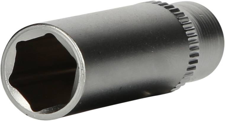 Ein Sechskantschlüsselaufsatz aus Metall, zylindrisch geformt, mit gerändeltem Griff für mehr Halt. Geeignet für Schraubarbeiten.