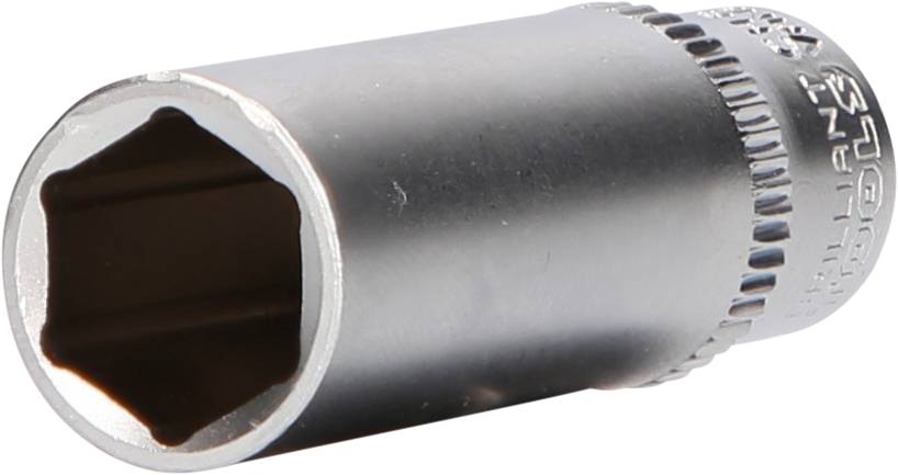 Sechsseitige Stecknuss aus Metall, verwendet zur Befestigung von Schrauben und Muttern, mit einem geriffelten Ende für besseren Halt.