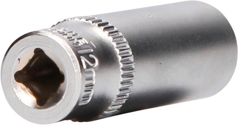 Ein silberner Steckschlüsselsatzaufsatz aus Metall mit einer '12 mm'-Markierung.