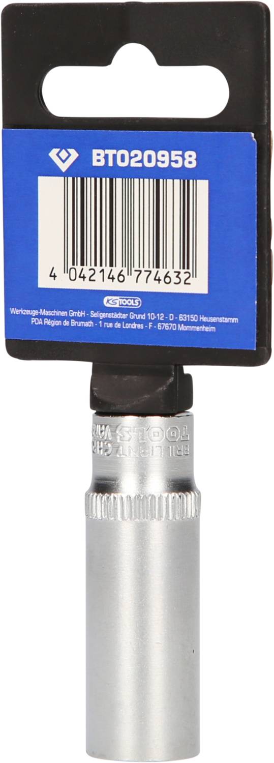 Metallischer Steckschlüssel mit blauer Verpackung, Barcode oben sichtbar. Produktnummer 'BT020958' aufgedruckt.