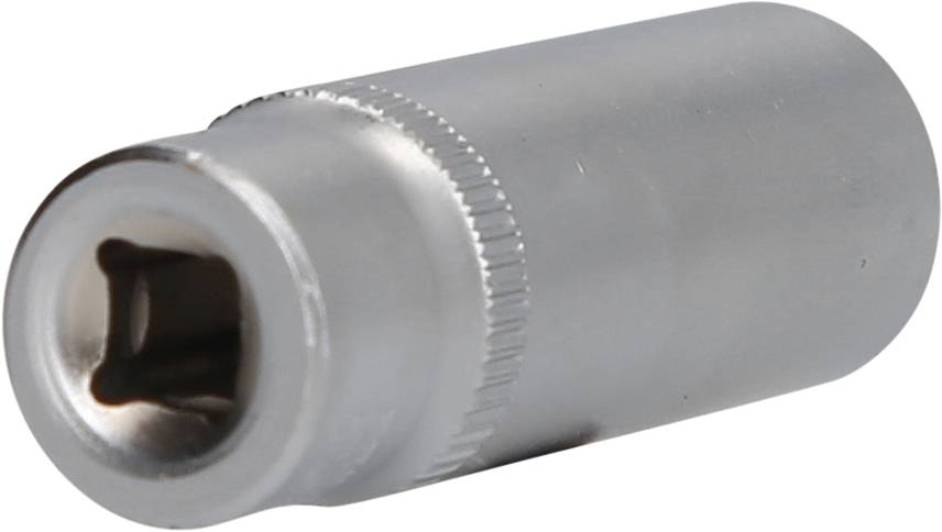 Ein einzelner silberner Steckschlüsseleinsatz mit runder Form und quadratischer Öffnung, verwendet für Schraubarbeiten.