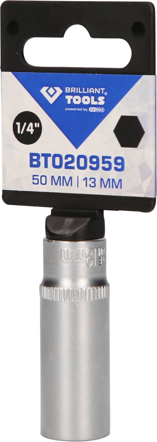 Eine Werkzeugverpackung mit der Aufschrift 'BRILLIANT TOOLS BT020959, 50 MM | 13 MM, 1/4' zeigt einen Steckschlüssel-Aufsatz.