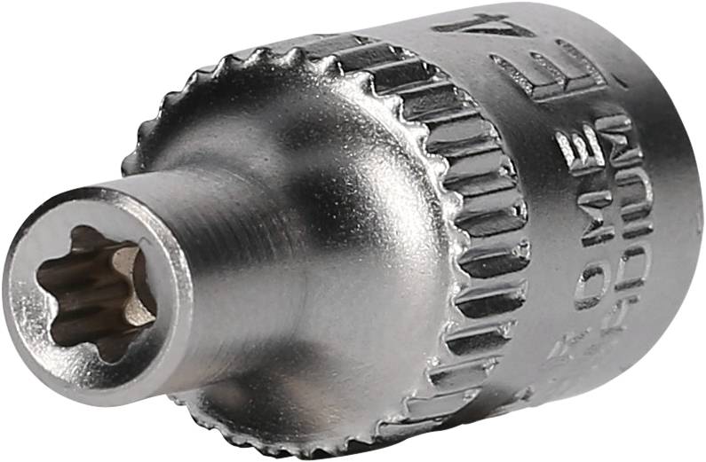 Metallischer Steckschlüsseleinsatz mit Torx-Profil, silberfarben, dient zum Anziehen oder Lösen von Schrauben in technischen Anwendungen.