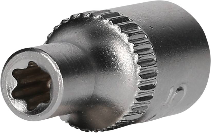 Ein silberner Torx-Bitaufsatz aus Metall, zylinderförmig mit geriffeltem Rand. Hauptsächlich für Schraubarbeiten verwendet.