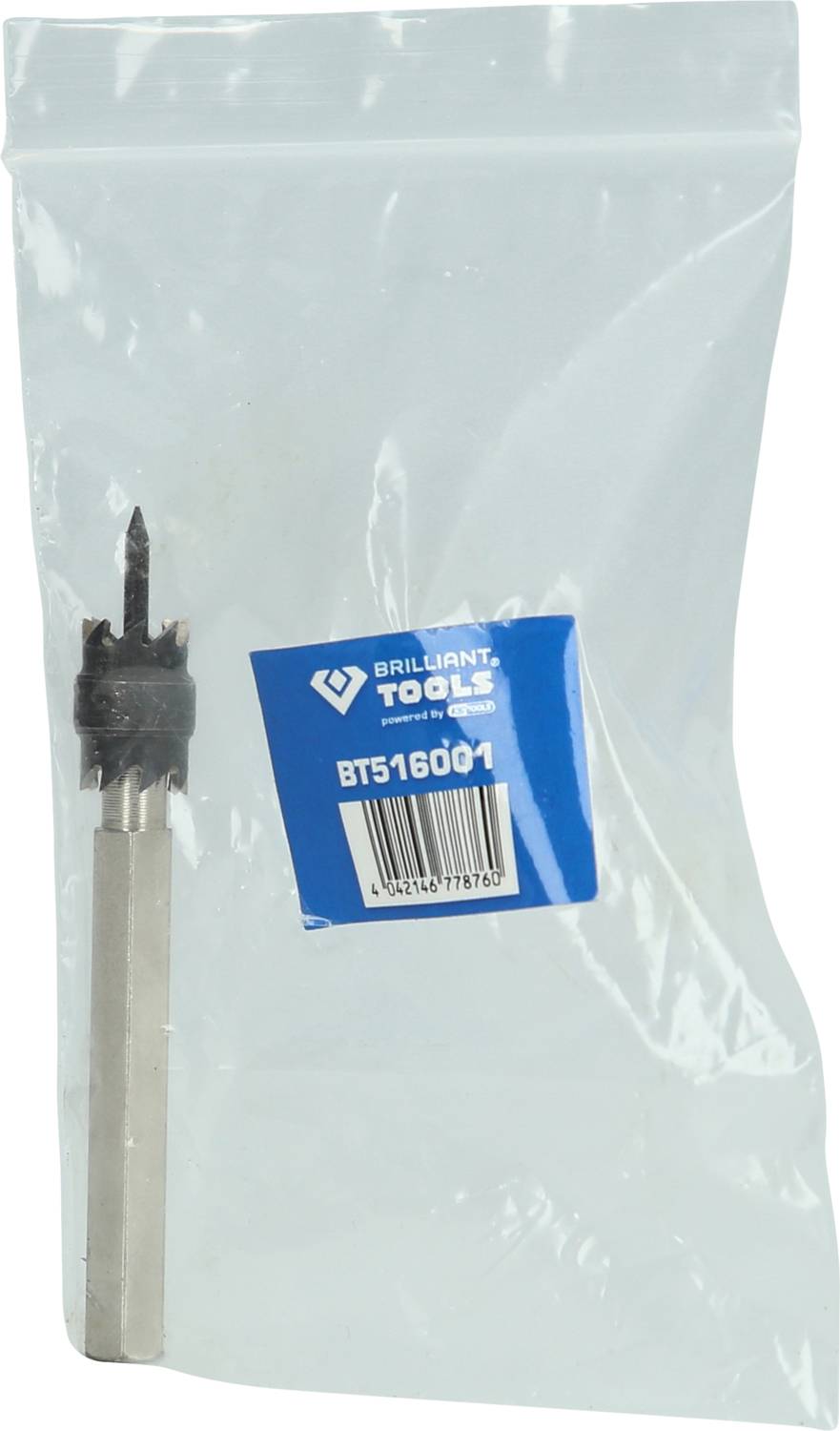 Bohrer mit Aufsatz im Plastikbeutel. Etikett mit der Aufschrift 'Brilliant Tools BT516001'.