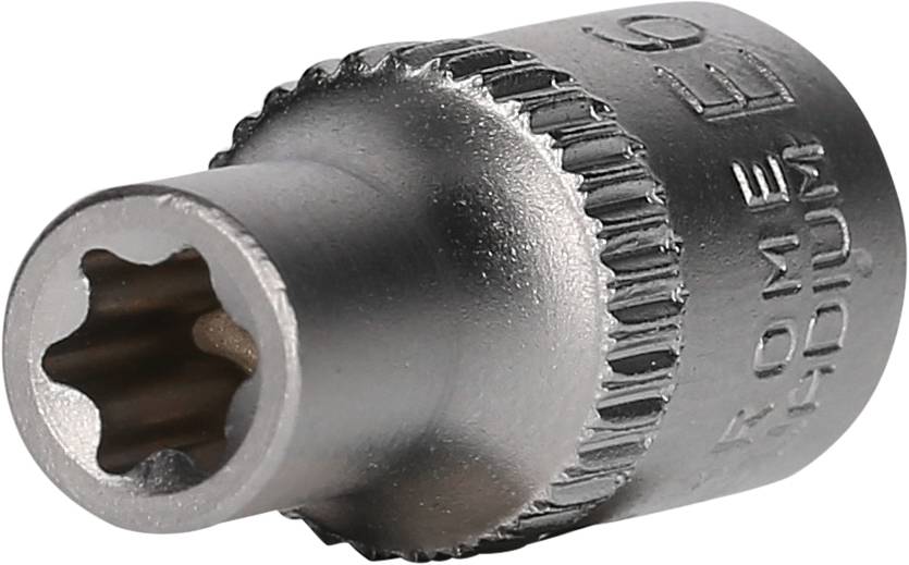 Ein silberner Steckschlüsseleinsatz mit sternförmiger Öffnung, geeignet zum Festziehen von Schrauben, liegt seitlich geneigt.