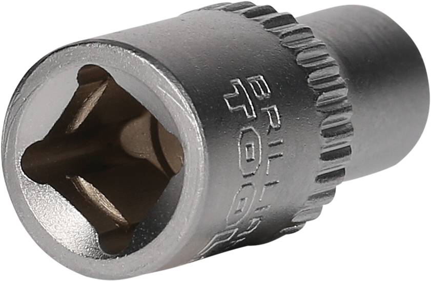 Metall-Steckschlüsseleinsatz mit gerändelter Oberfläche und quadratischem Antrieb, für präzise Befestigungsarbeiten geeignet.