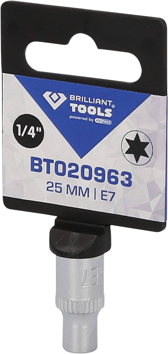 'Sternbit-Einsatz BT020963, 25 mm, E7, 1/4 Zoll von Brilliant Tools' auf Verpackungsetikett. Silberner Einsatz mit schwarzem Halter.