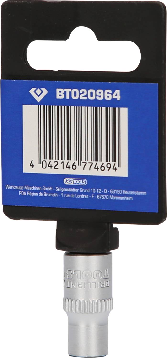 Verpackung eines Werkzeugs mit Artikelnummer 'BT020964', Barcode und Firmenadresse. Hauptsächlich Produktkennzeichnung und Informationen.