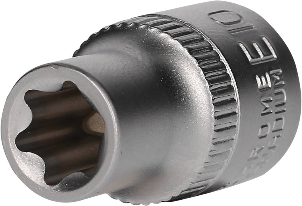 Metallische Stecknuss mit geriffeltem Rand und Beschriftung 'Chrome 10', geeignet für Schraubarbeiten.